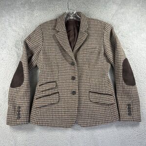 LL Bean Blazer Womens 8 Brown Houndstooth Wool Sport Coat Jacket Elbow Patches